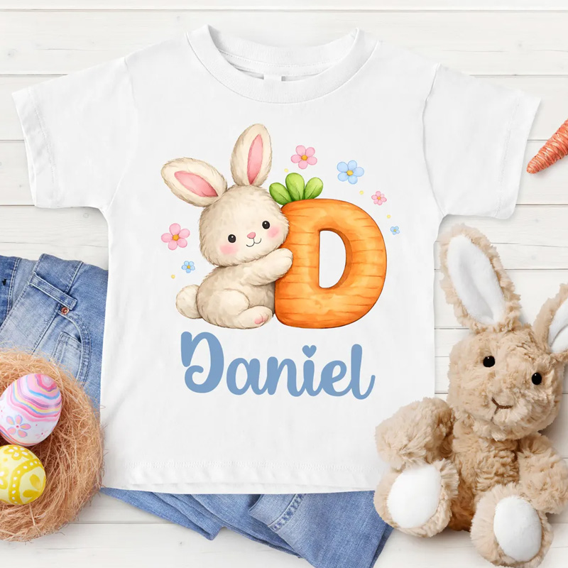 Personalized Easter Bunny Carrot Letter Custom Name Cute Spring Celebration Gift Kid T-shirt