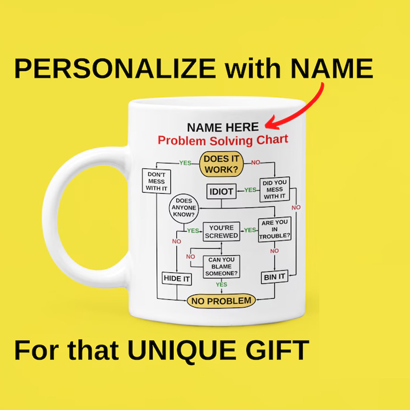 Personalized Problem Solving Flow Chart Coffee Mug Unique Office Worker Coffee Cup for Geek Lover