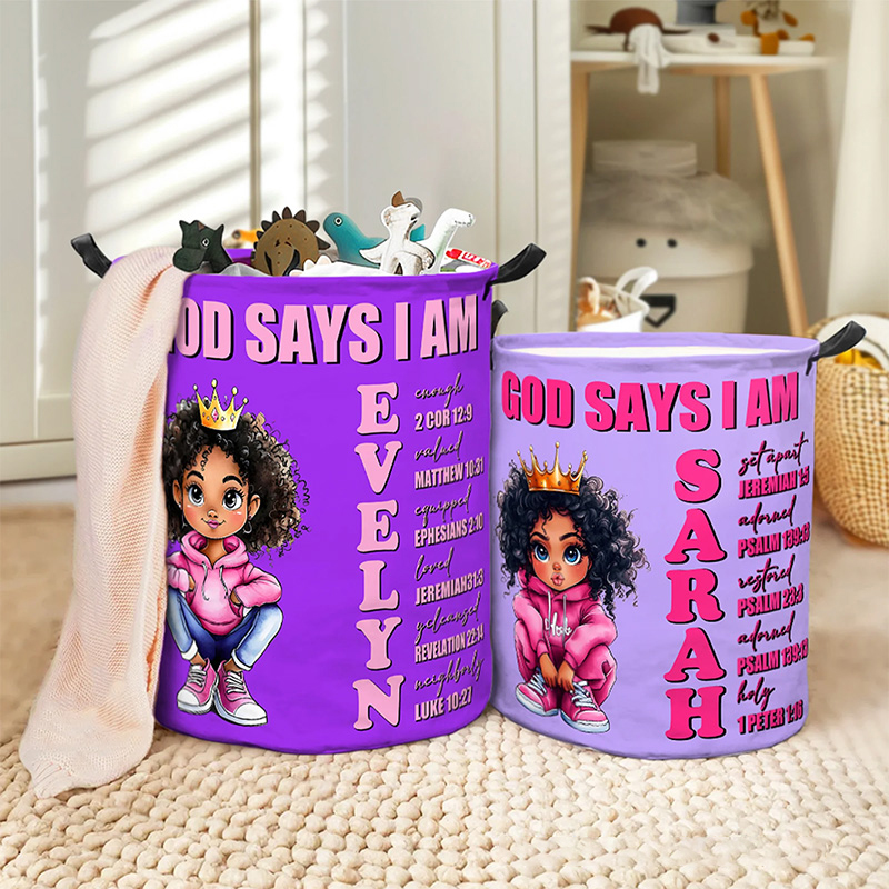 Personalized Cartoon Black Girl Bible Verse Name Storage Basket with Name Laundry Decor Daily Use Religious Gift for Girl