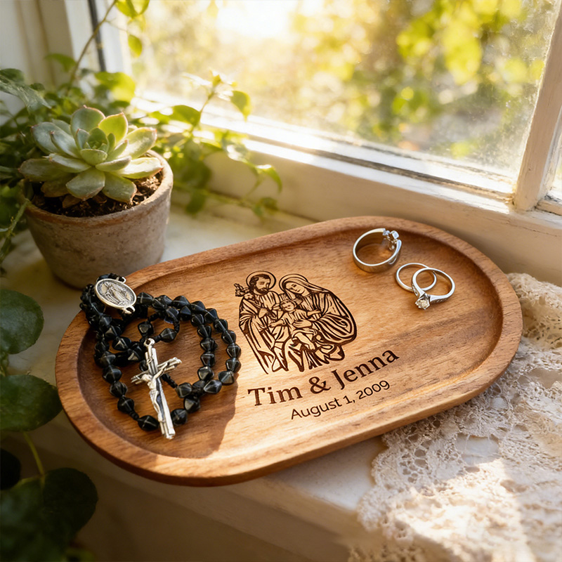 Personalized Holy Family Wooden Rosary Tray Jewelry Holder with Custom Name and Date Religious Gift Anniversary Wedding Gift Catholic Gift