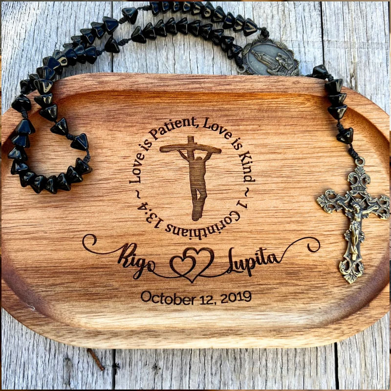 Personalized Love is Patient Wooden Rosary Tray Jewelry Holder with Custom Name and Date Religious Gift Anniversary Wedding Gift Catholic Gift