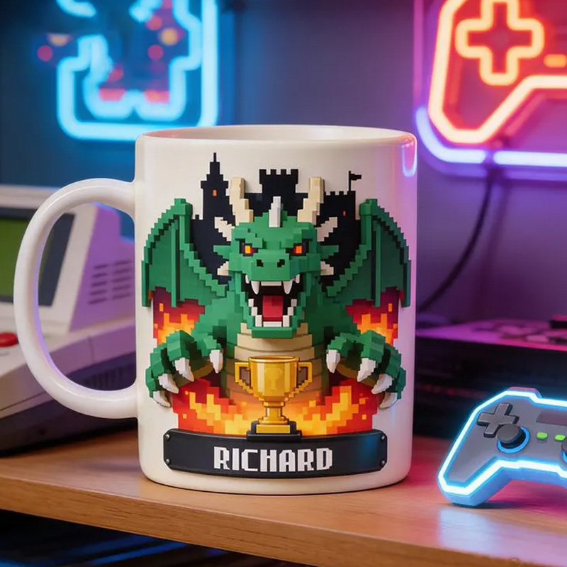 Personalized Flat Dragon Hero Gamer Video Game Mug Coffee Cup for Nerdy Geek Lover