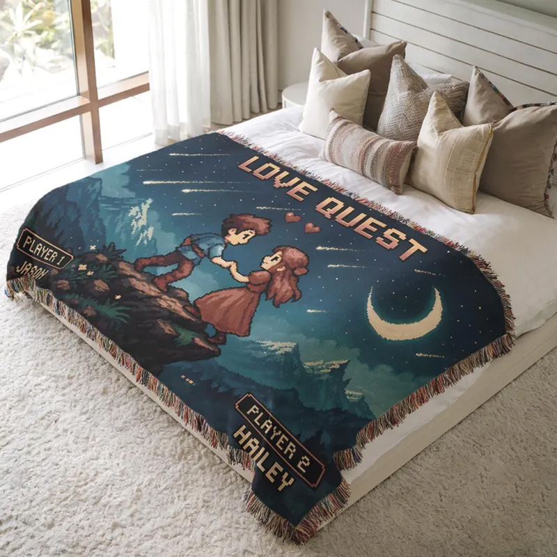 Personalized Gamer Couple Blanket Pixel Art Throw for Nerdy Wedding Couple Geek Lover