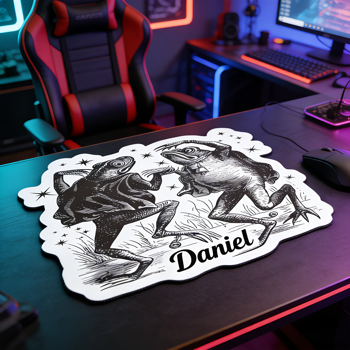 Personalized Custom Vintage Fighting Frogs Irregular Mouse Pad Personalized Gothic Toad Desk Mat Whimsical Dark Art Gamer Accessory