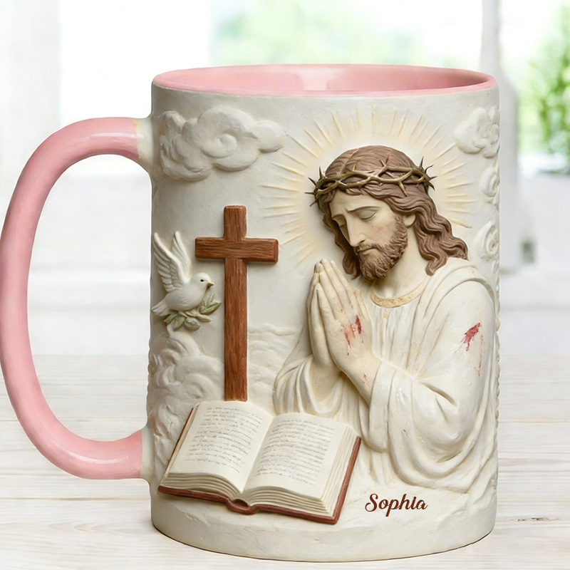 Personalized Jesus Pray 11oz Ceramic Mug with Custom Name 3D Design Coffee Cup Religious Gift Faith Gift for Christians
