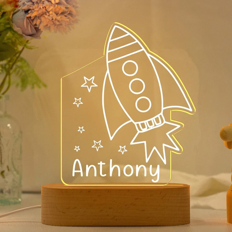 Personalized Rocket Nightlight Acrylic LED with Name Room Decor Birthday Gift for Geek Lover