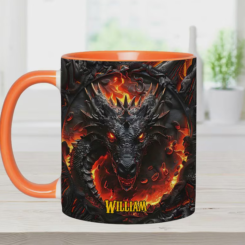 Personalized Fire Dragon Fantasy Coffee Mug with Names Mythical Creature Gift for Geek Lover