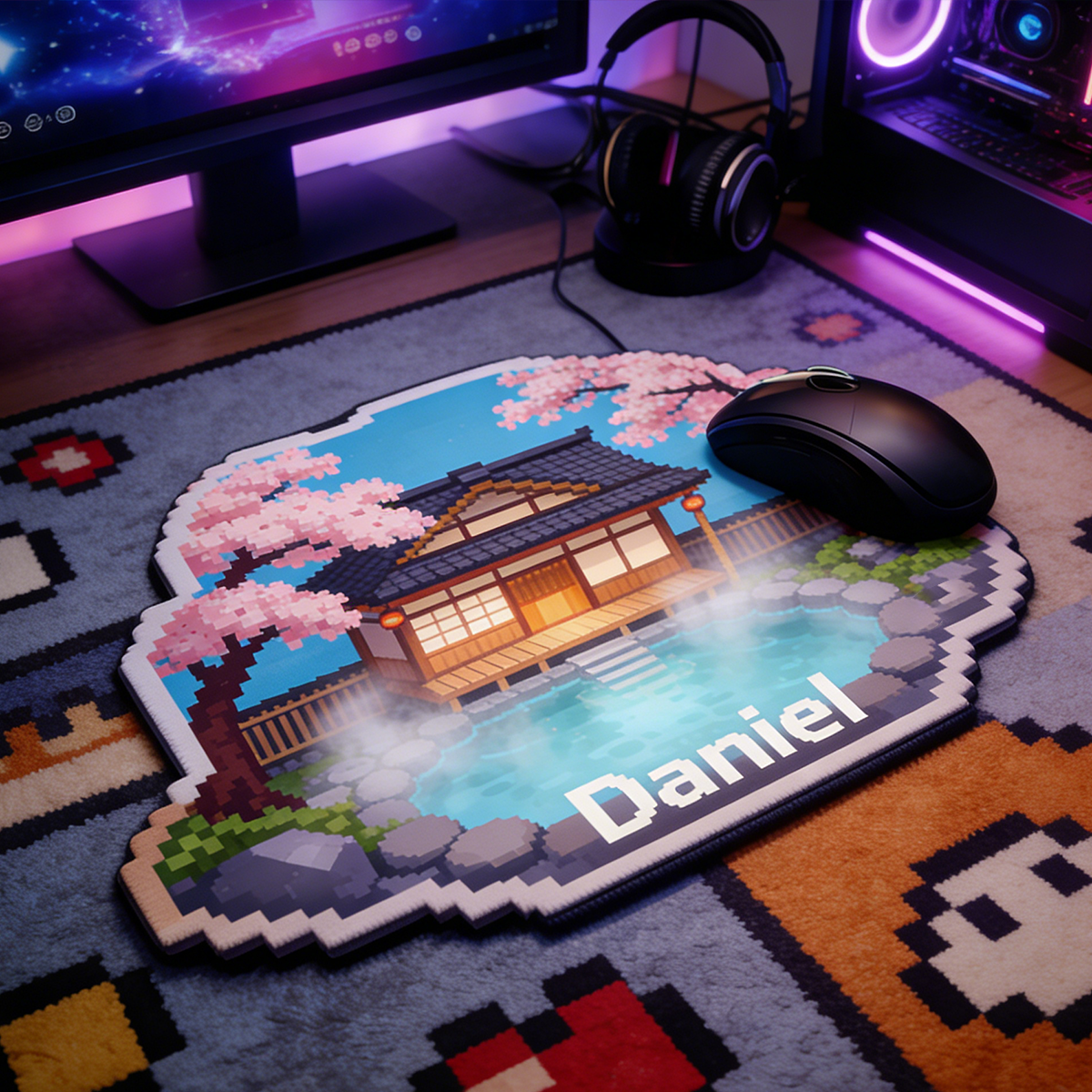 Personalized Custom Pixel Art Japanese Onsen Mouse Pad Personalized Retro 8-Bit Desk Mat Cherry Blossom Spa Gamer Accessory