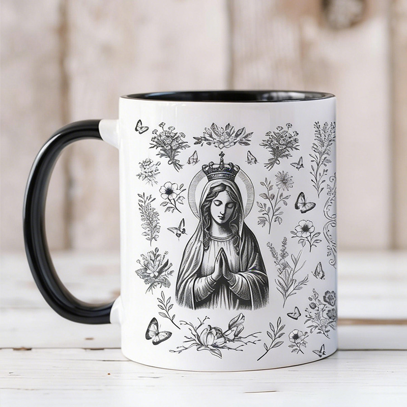 Personalized Virgin Mary Toile 11oz Ceramic Mug with Name Our Lady Mug Vintage Floral Marian Coffee Cup Catholic Christian Gift for her