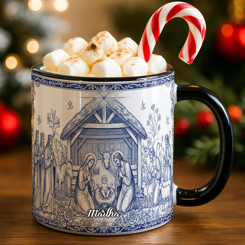 Personalized Nativity Scene 11oz Ceramic Mug with Custom Name Catholic Faith Coffee Cup Religious Gift Christian Gift