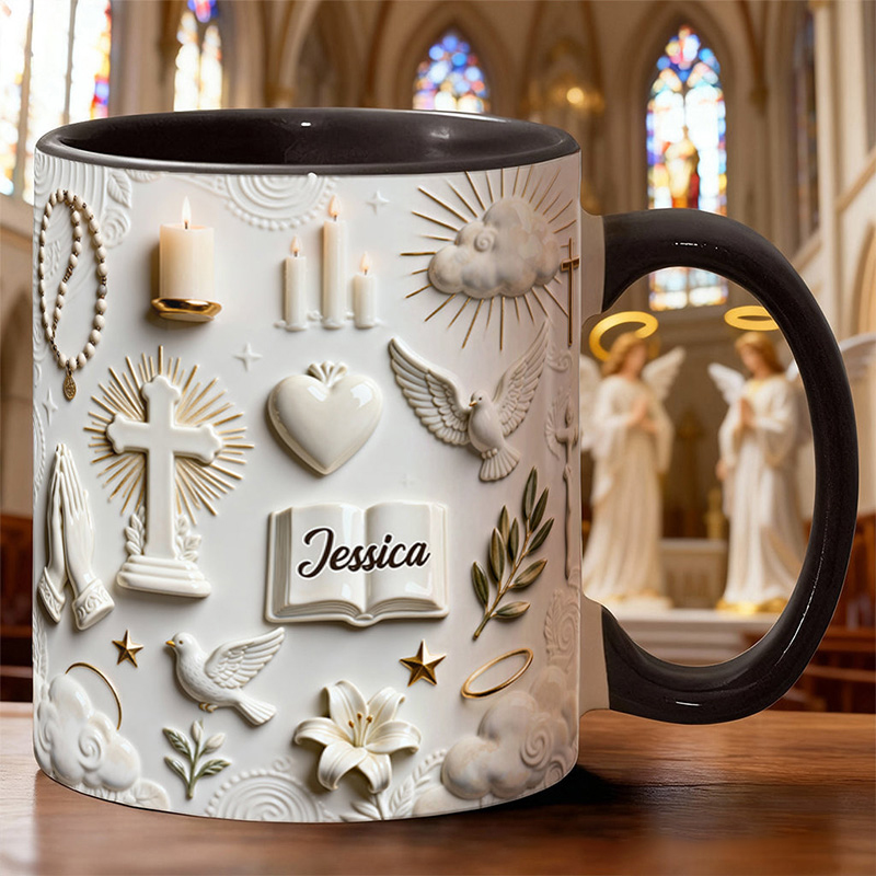 Personalized Cross Bible Dove 11oz Ceramic Mug with Name Prayer Hand 3D Coffee Cup Religious Gift Faith Gift for Christians