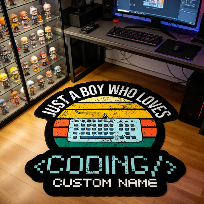 Personalized Retro IT Just A Boy Who Loves Coding Graphic Rug Doormat Kids Nerd Bedroom Playroom Rug Gifts for Geek Lover