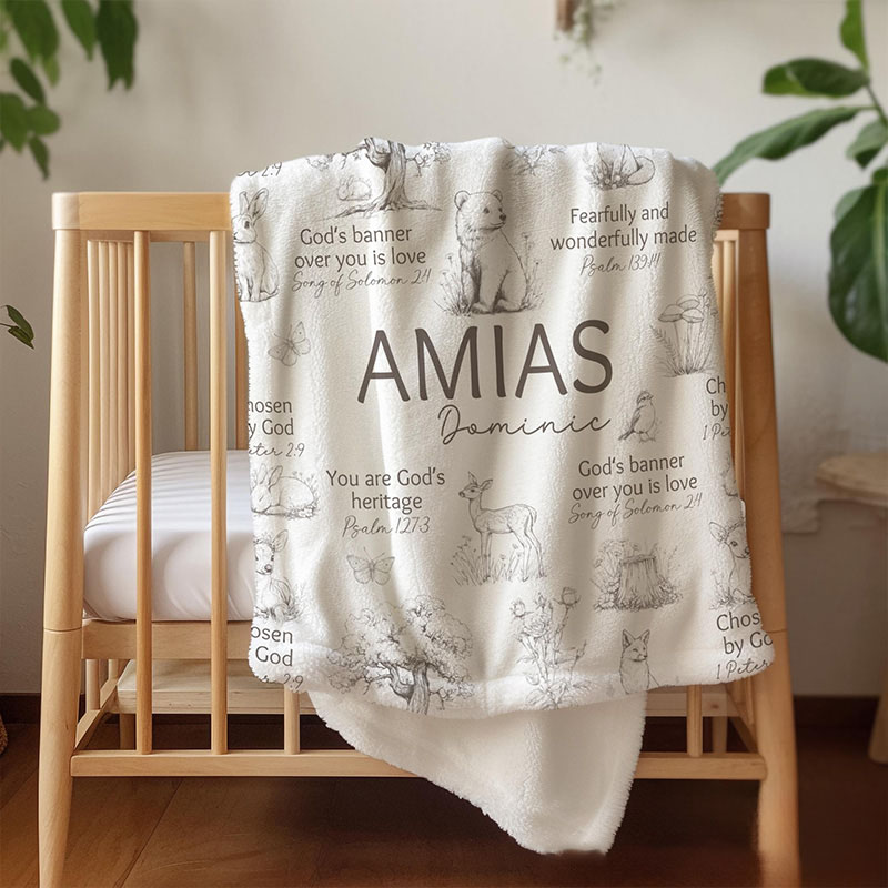 Personalized Woodland Animals Bible Verse Soft Throw Blanket with Custom Name Baby Shower Nursery Prayer Baby Gift Religious Gift for Kids