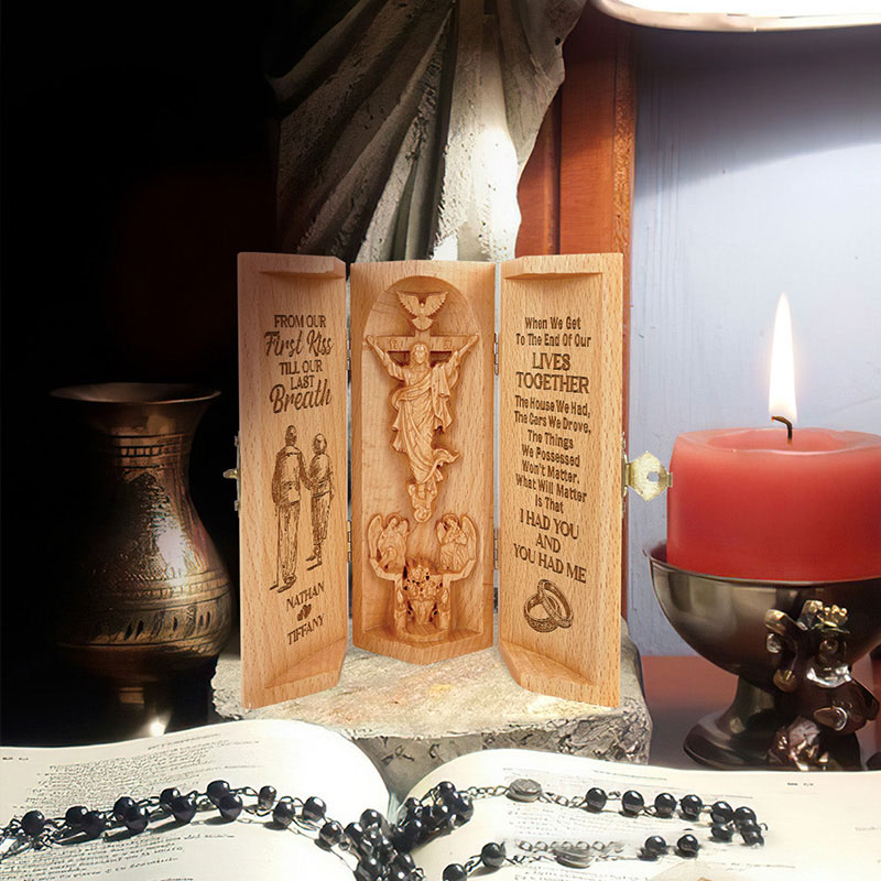 Personalized From Our First Kiss Till Our Last Breath Openable Wooden Cylinder Sculpture of Jesus Christ with Names Religious Gift for Couple