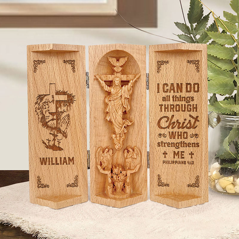 Personalized Bold Faith Strong Grace Lion of Judah Openable Wooden Cylinder Sculpture of Jesus Christ with Name Religious Gift for Christians