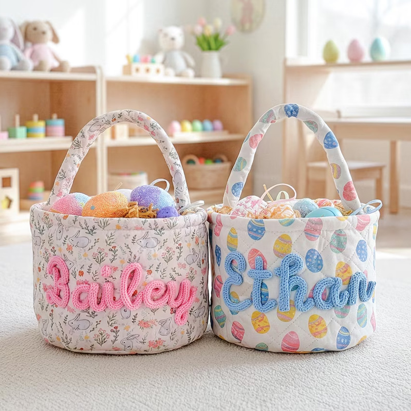 Personalized Easter Basket Quilted Spring Egg Hunt Bucket Boys Girls Bunny Easter Baskets gift for kids Custom Name Basket Easter Decor