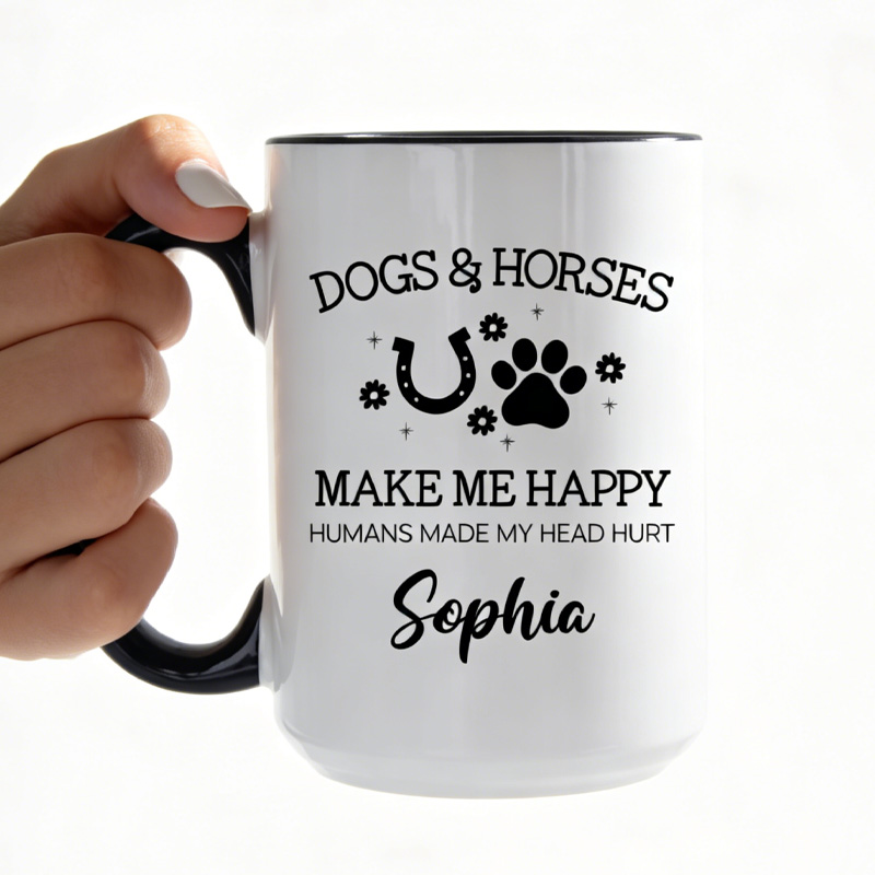 Personalized Dogs and Horses Make Me Happy Mug for Equestrian Horse Riding Lovers