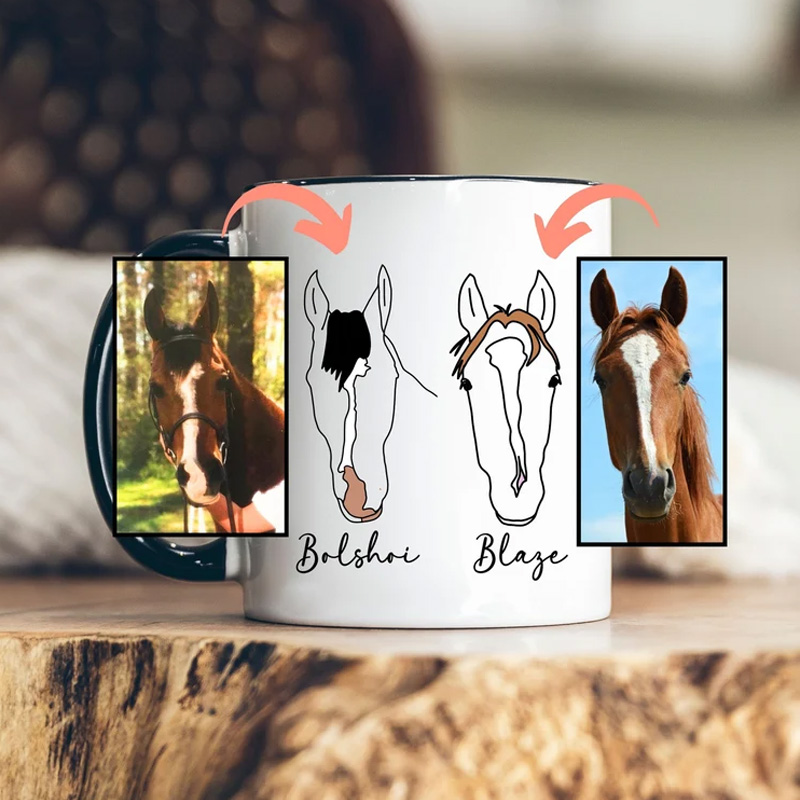 Personalized Horse Face Line Drawing Photo Mug for Equestrian Horse Riding Lovers