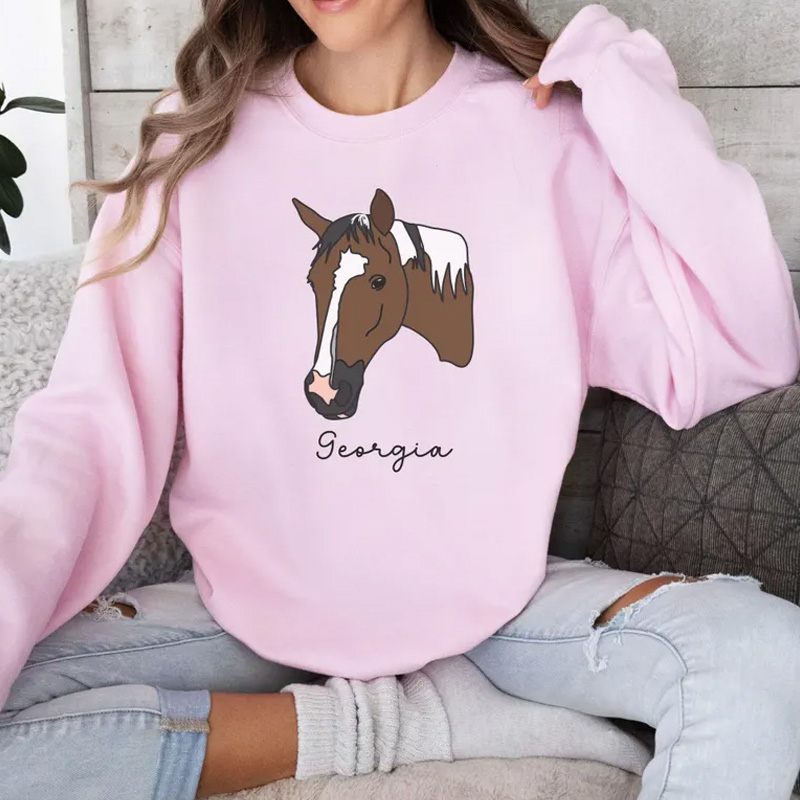 Personalized Horse Photo Line Drawing Sweatshirt Crewneck Equestrian Shirt Horseback for Riding Lovers