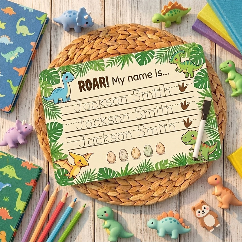 Personalized Dinosaur Name Tracing Board Custom Handwriting Practice for Kids Back to School Birthday Gift