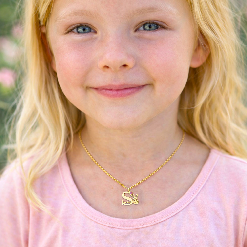 Kids Easter Bunny Birthstone Necklace Birthday Gift for Kids Personalized Jewelry Gifts