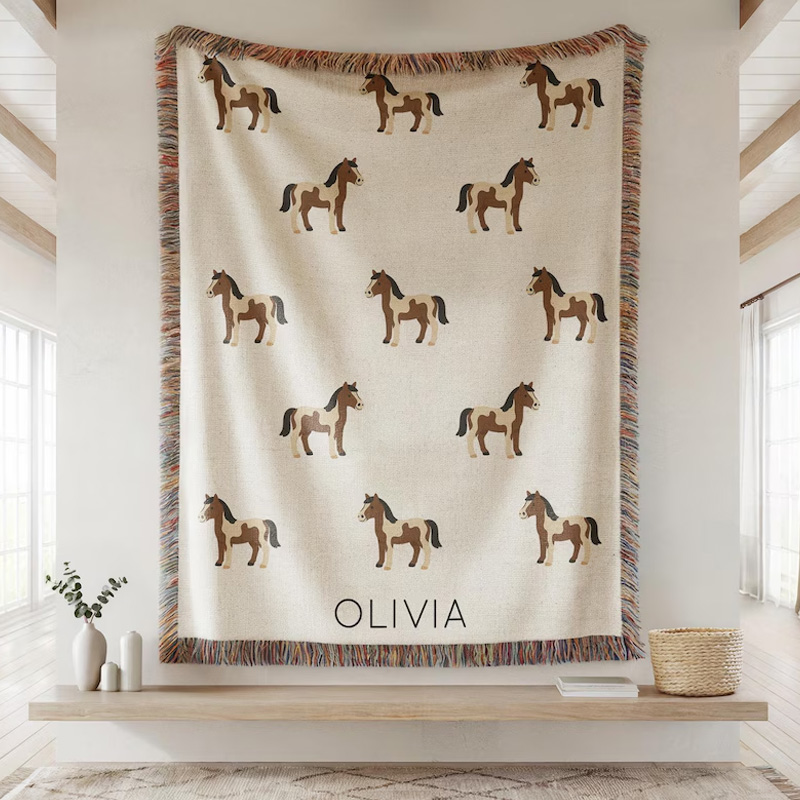 Personalized Pinto Paint Horse Kids Blanket Custom Name Cowboy Pony Throw for Equestrian Riding Lovers