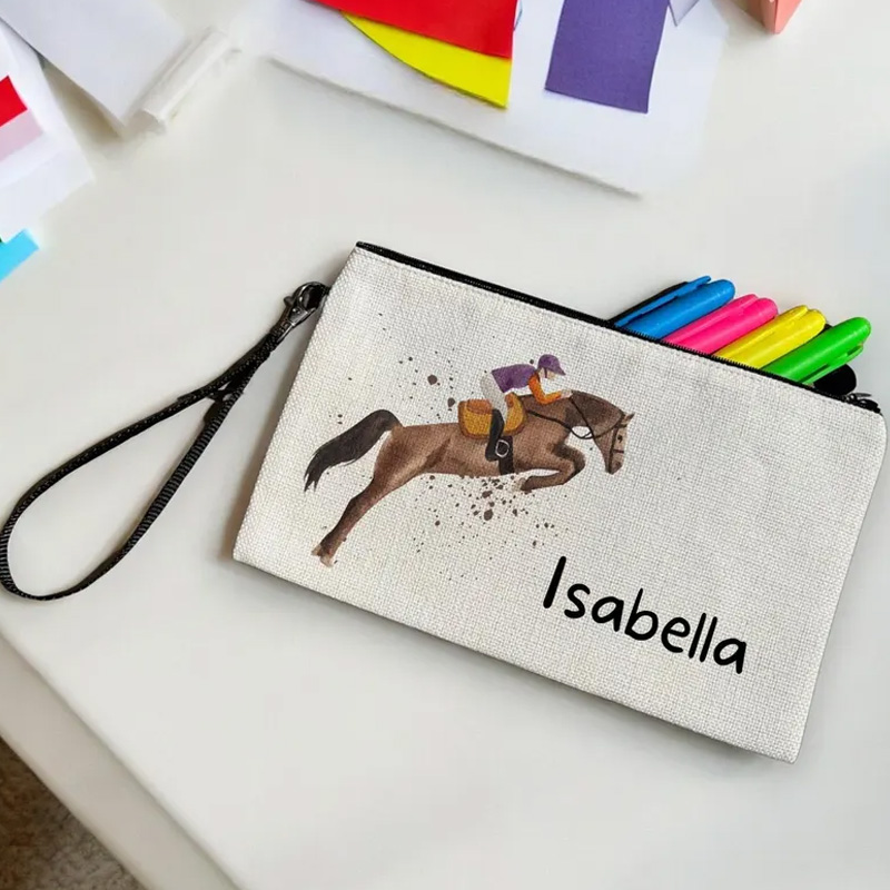 Personalized Brown Horse Makeup Bag Pencil Case Equestrian Cosmetic Bag Horse Lover Gift Linen Zipper Pouch for Riding Lovers