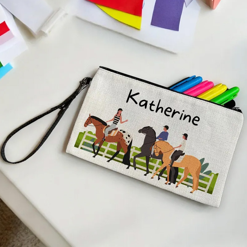 Personalized Horse Makeup Bag Pencil Case Equestrian Cosmetic Bag Horse Lover Gift Linen Zipper Pouch for Riding Lovers