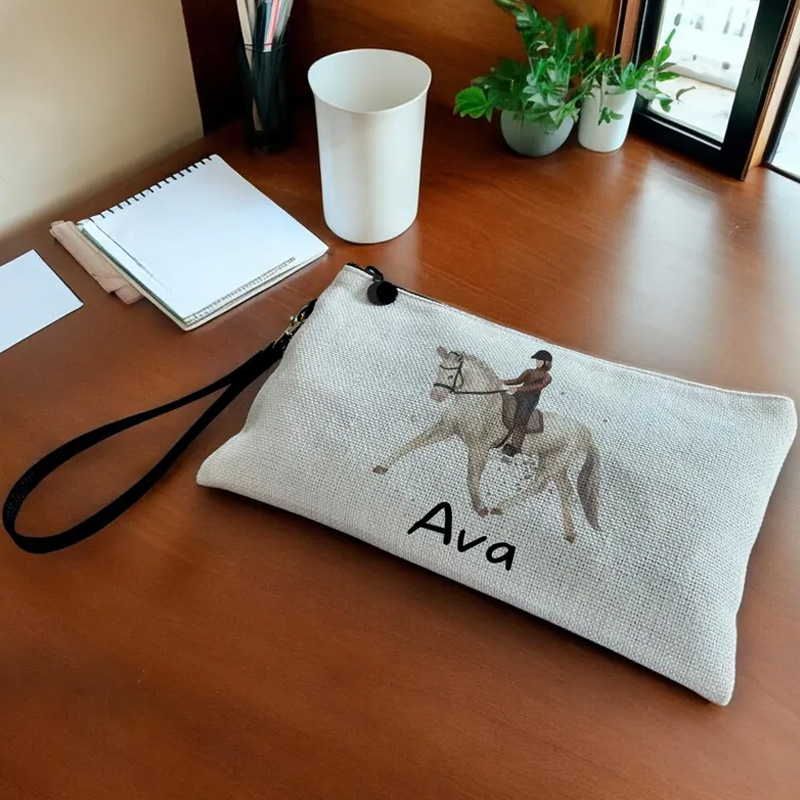 Personalized Horse Riding Makeup Bag Pencil Case Equestrian Cosmetic Bag Horse Lover Gift Linen Zipper Pouch for Riding Lovers