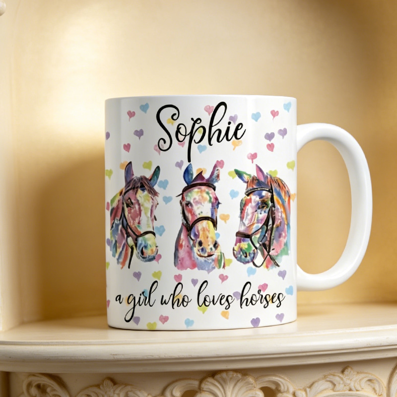 Personalized Girl Loves Horses with Pastel Love Heart Background Water Colour Ceramic Mug Gift for Riding Lovers Equestrian Lovers