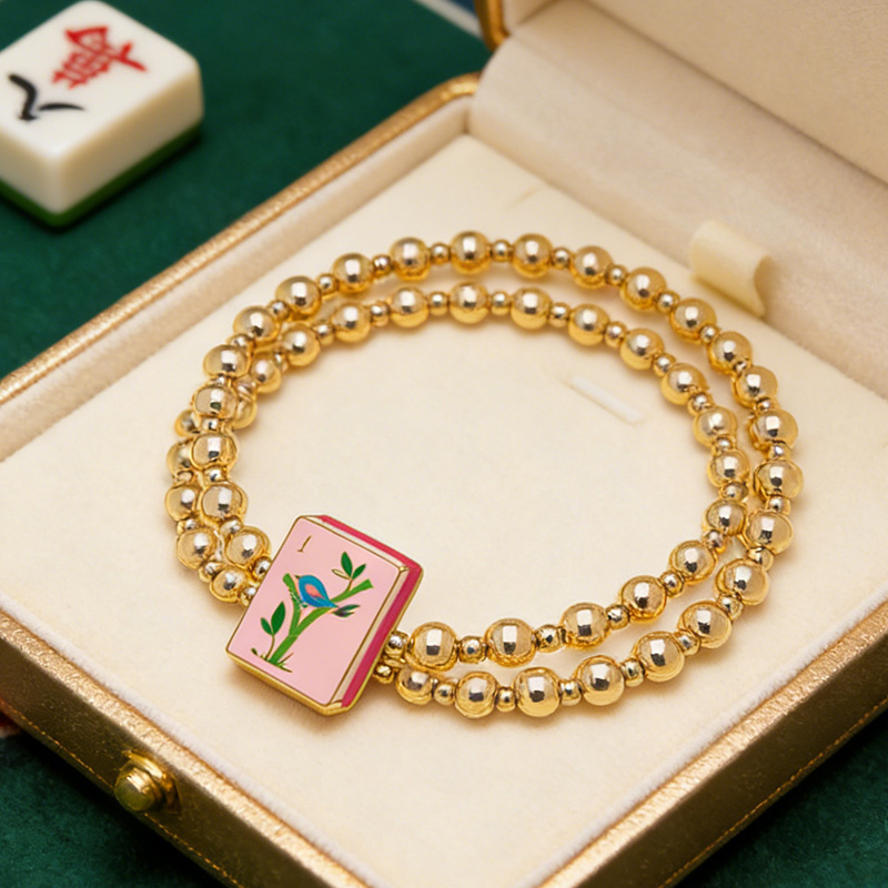 Mahjong 2 Row Ball Bead Stretch Bracelet in Shiny Gold