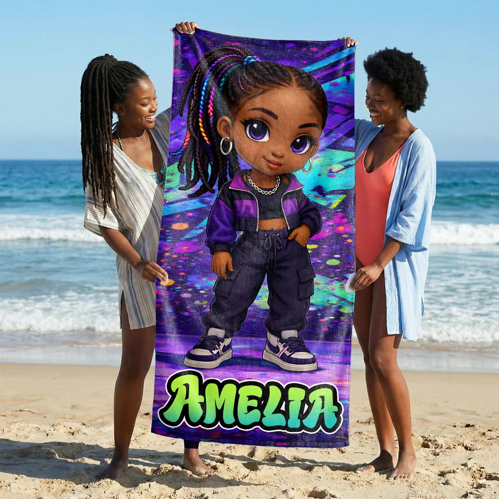Personalized Cartoon Black Girl Quick Dry Oversized Beach Towel with Name Beach Party Birthday Gift for Girl 