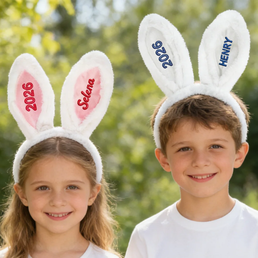 Personalized Cute Rabbit Ears Hairband with Embroidery Name and Year Easter Party Birthday Gift for Kids