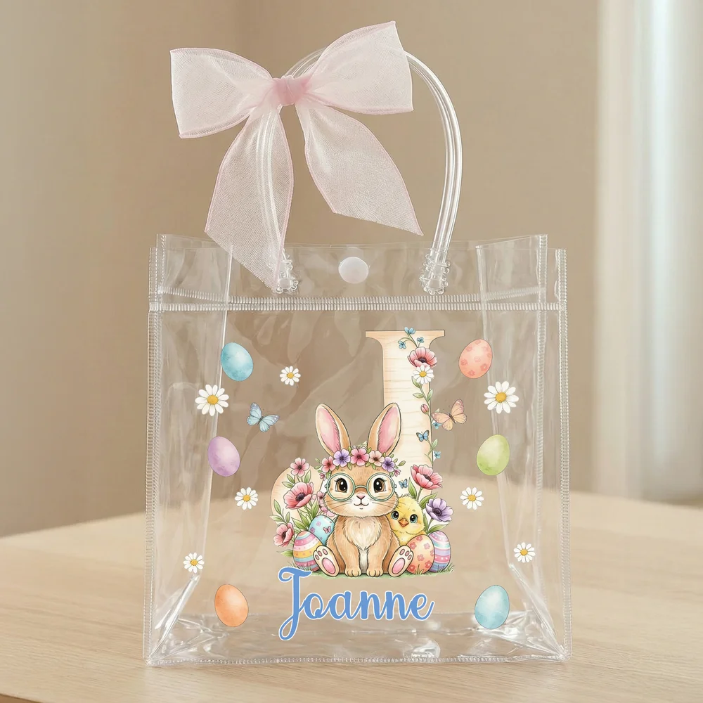 Personalized Pink Bow Ribbon Colorful Easter Eggs Rabbit Chicks Clear Gift Bag with Name and Initial Easter Party Favors Gift for Kids