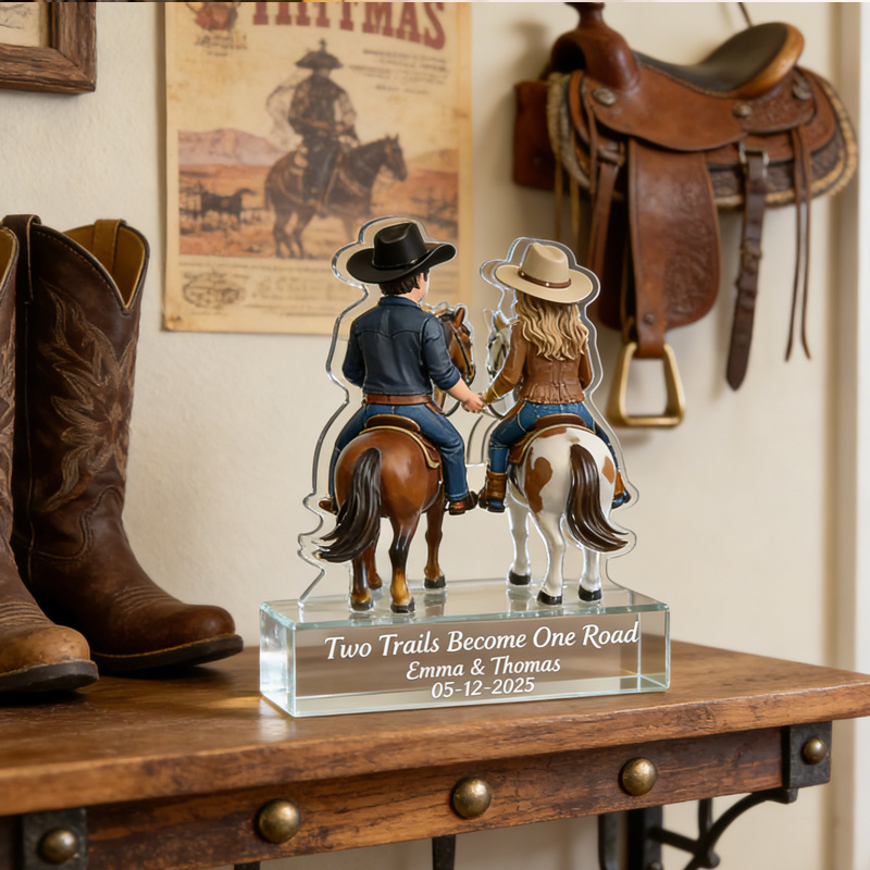 Personalized Cowboy Couple Horse Riding Acrylic Plaque Two Trails Become One Road Anniversary Gift for Riding Lovers