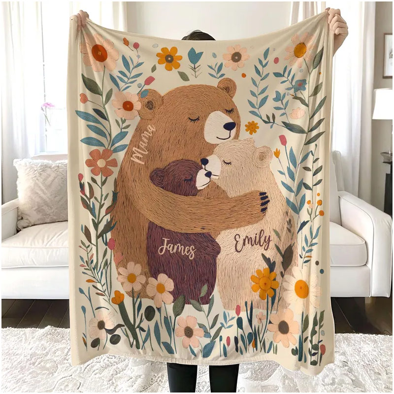 Personalized Mama Bear Flower Blanket Custom Mother's Day Gift for Mom Grandma Boho Wildflowers Mom Bear Quilt Cottagecore Flower Gift