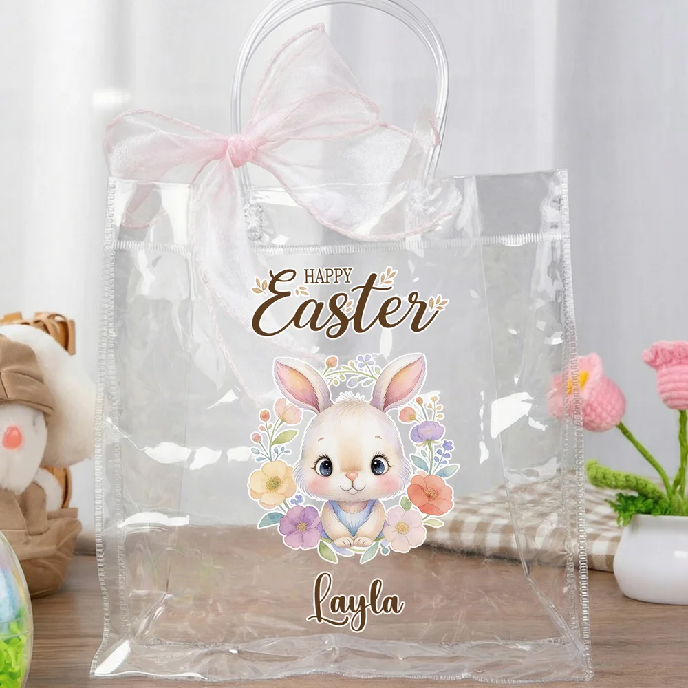 Personalized Floral Animals Clear Gift Bag with Name and Pink Bow Ribbon Holiday Treat Packaging Easter Party Favors Gift for Kids