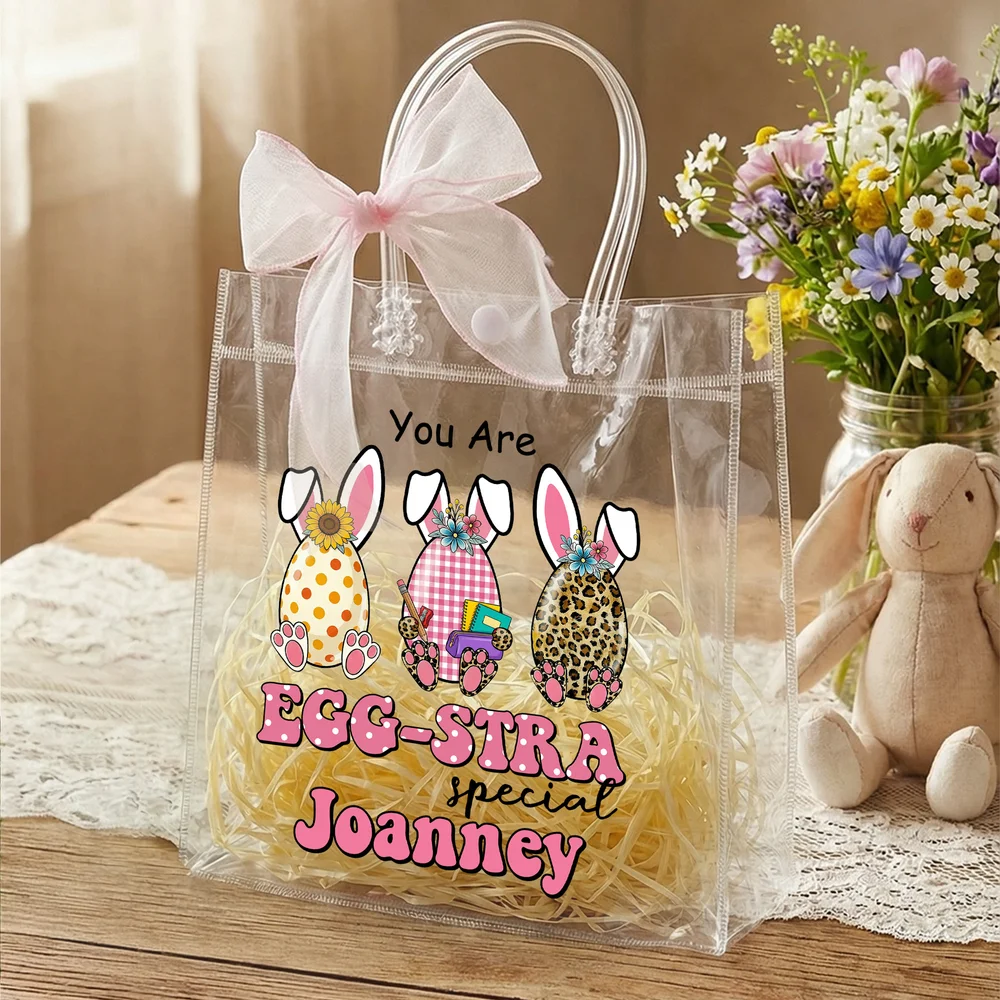 Personalized Cute Easter Eggs Clear Gift Bag with Name and Pink Bow Ribbon Easter Party Favors Gift for Kids