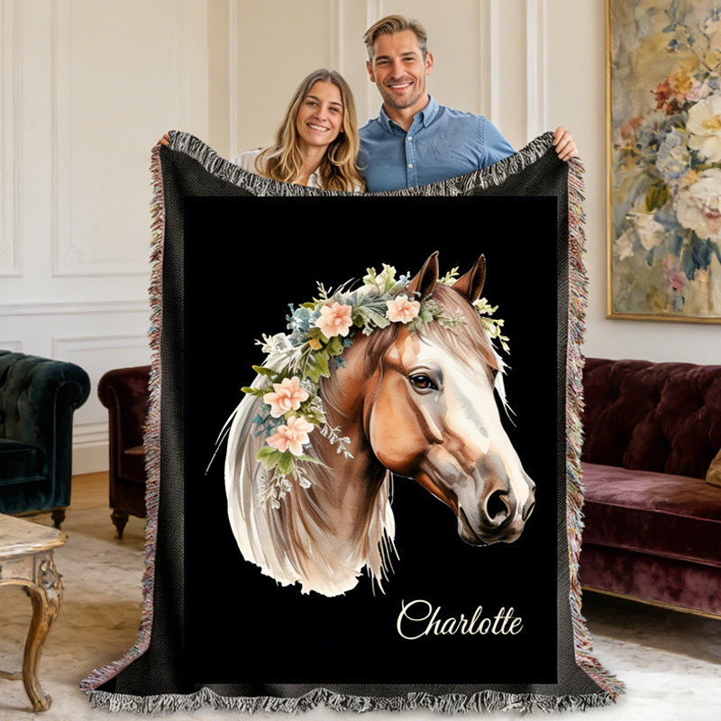 Personalized Horse Woven Blanket with Floral Crown for Equestrian Riding Lovers