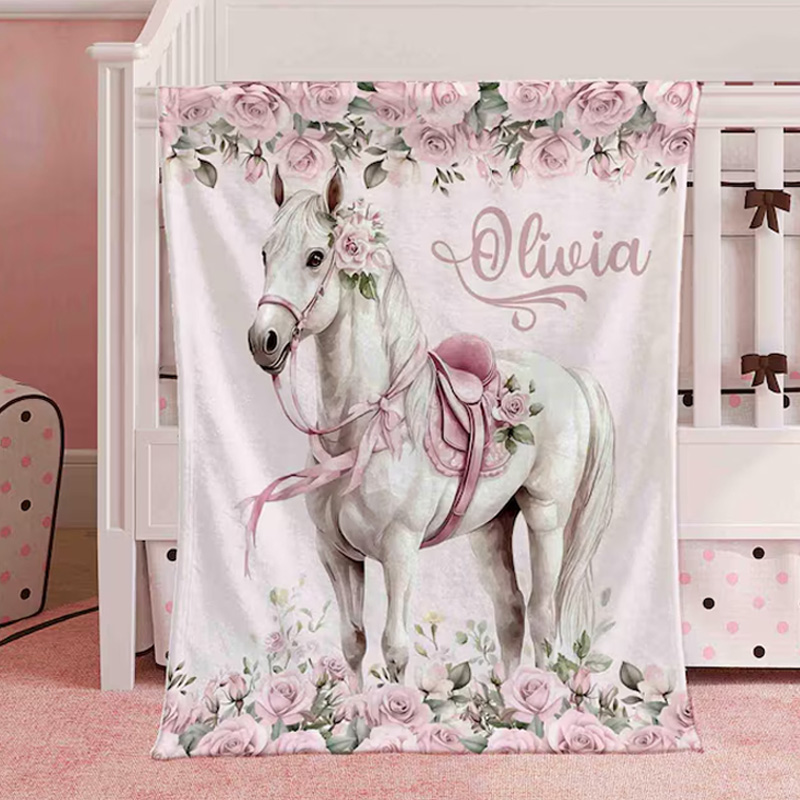 Personalized Pink Rose Floral Baby Throw Blanket Gift for Riding Lovers Equestrian Lovers