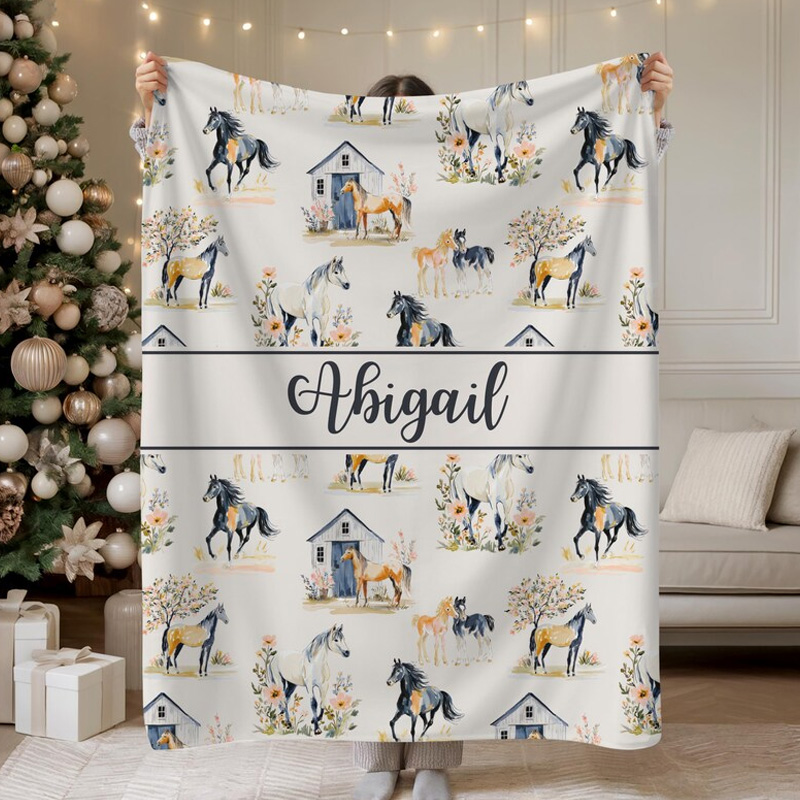 Personalized Horse and Flowers Design Throw Blanket Gift for Riding Lovers Equestrian Lovers