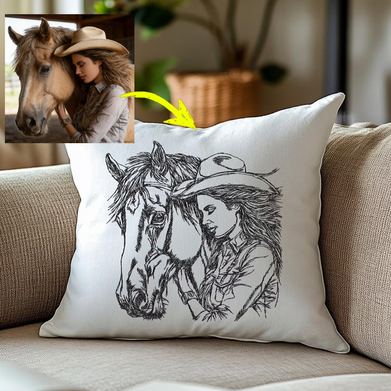 Personalized Line Art Throw Pillow From Horse Photo Gift for Riding Lovers Equestrian Lovers