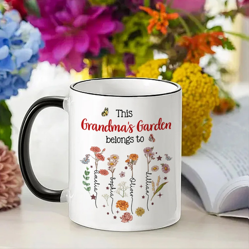 Personalized This is Garden Belongs to Heart Birth Flowers 11 oz Ceramic Mug with 1-12 Names Birthday Mother's Day Gift for Mom Grandma