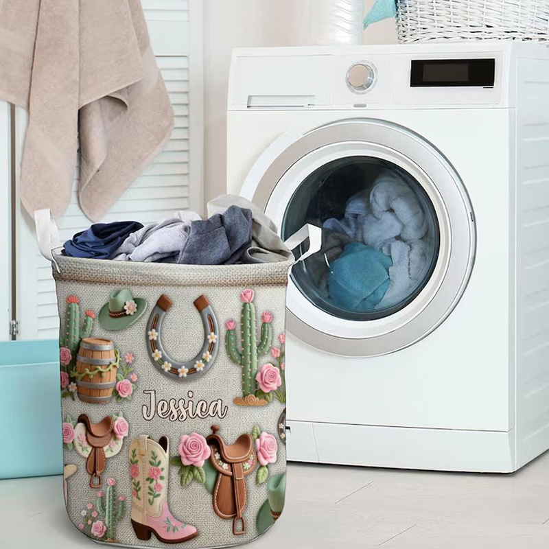 Personalized Cowgirl Hat Boots Horseshoes Accessories Organizer Basket Waterproof Laundry Basket with Handle and Name Bedroom Laundry Room Birthday Gift for Equestrian Lovers
