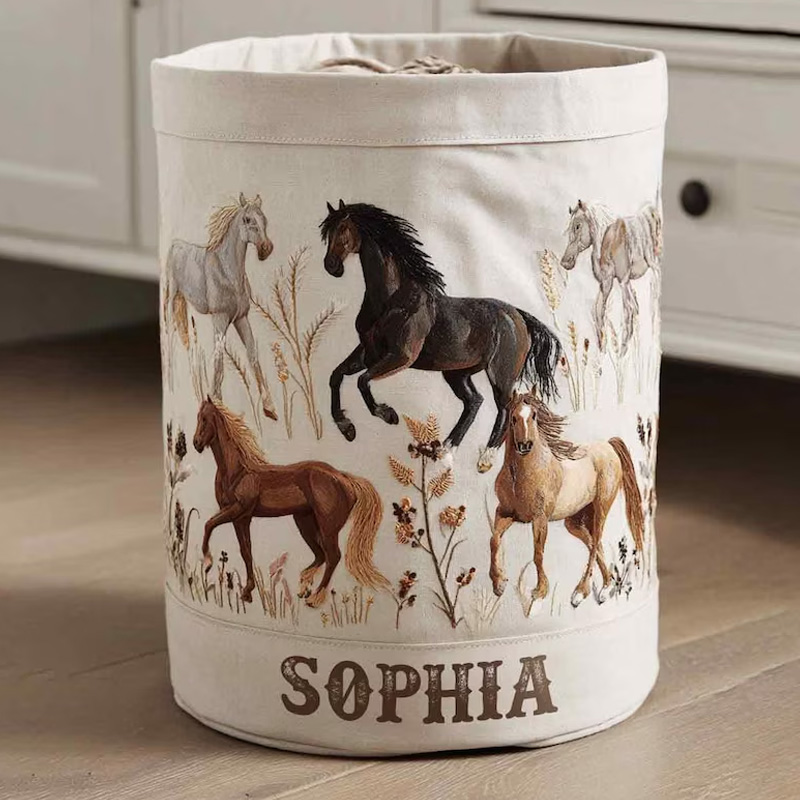 Personalized Beautiful Horses Organizer Basket Waterproof Laundry Basket with Handle and Name Bedroom Laundry Room Birthday Gift for Equestrian Lovers