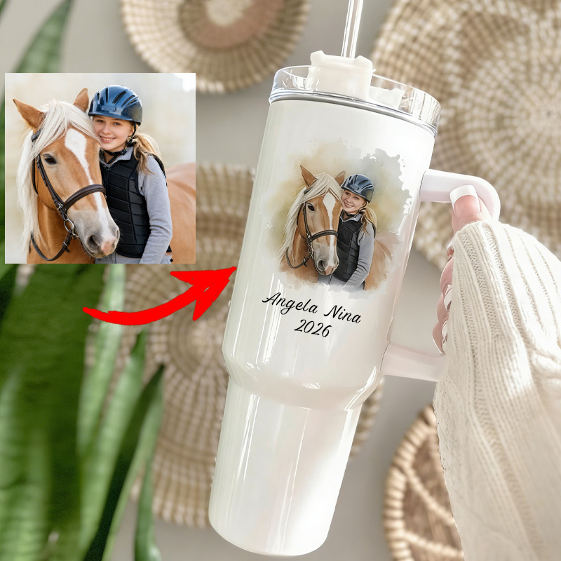Personalized Horse Photo Watercolor Pet Portrait Travel Tumbler Riders Equestrian Gift for Riding Lover
