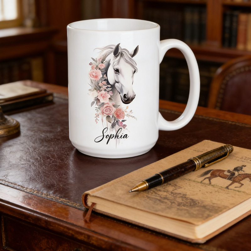 Personalized Floral Horse Riding Ceramic Mug Gift for Riding Lovers Equestrian Lovers