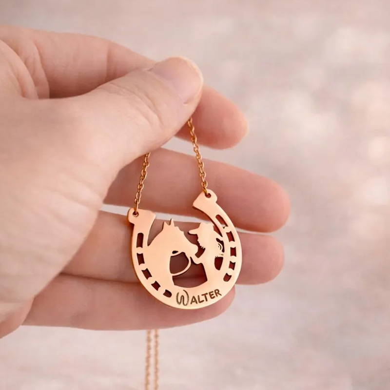 Personalized Horse Charm Necklace with Name Jewelry Cube Gift for Equestrian Riding Lovers
