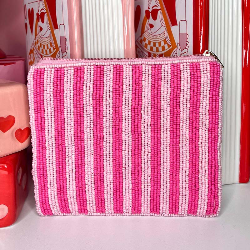 Mahjong Money Beaded Pouch Pink Seed Bead Coin Purse Mahjong Gift Accessory