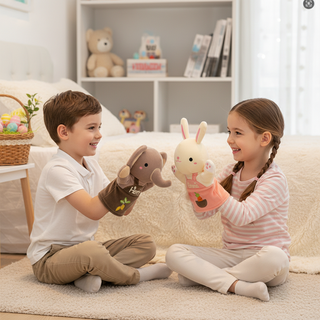 Personalized Bunny and Elephant Hand Puppet Custom Name Plush Toy  Easter Basket Stuffer for Kids Imaginative Play